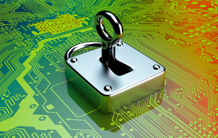 one padlock with electronic circuits on background, concept of computer security (3d render)