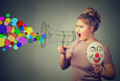 Woman screaming in megaphone. Propaganda social media communication concept