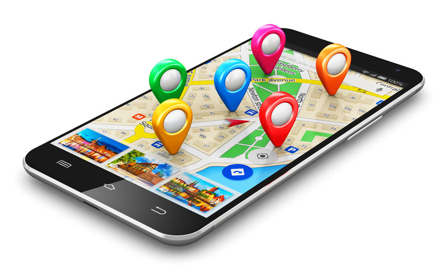 Creative abstract GPS satellite navigation, travel, tourism and location route planning business concept: modern black glossy touchscreen smartphone or mobile phone with wireless navigator map service internet application on screen and group of colorful destination pointer marker icons isolated on white background