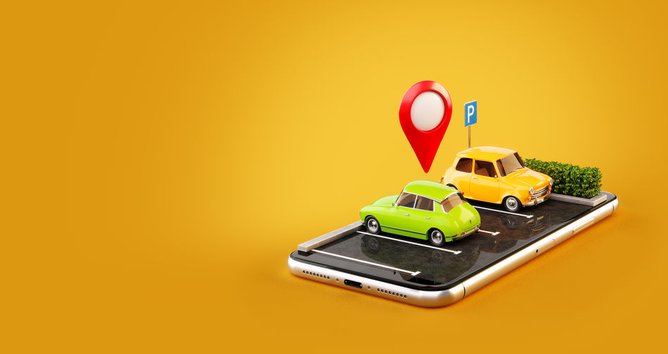 Unusual 3d illustration os smartphone application for online searching free parking place on the map. GPS Navigation. Parking and car sharing concept