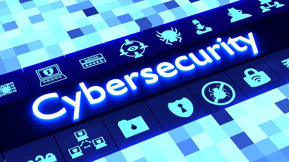 Cubed background in different sizes and blue colors aligning to a row of glowing information security icons surrounding the word cybersecurity 3D illustration