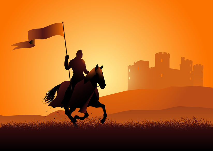 Vector silhouette of a medieval knight on horse carrying a flag on dramatic scene