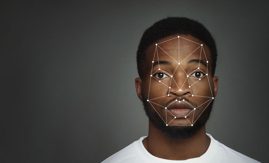 Futuristic and technological scanning of african-american man face, free space