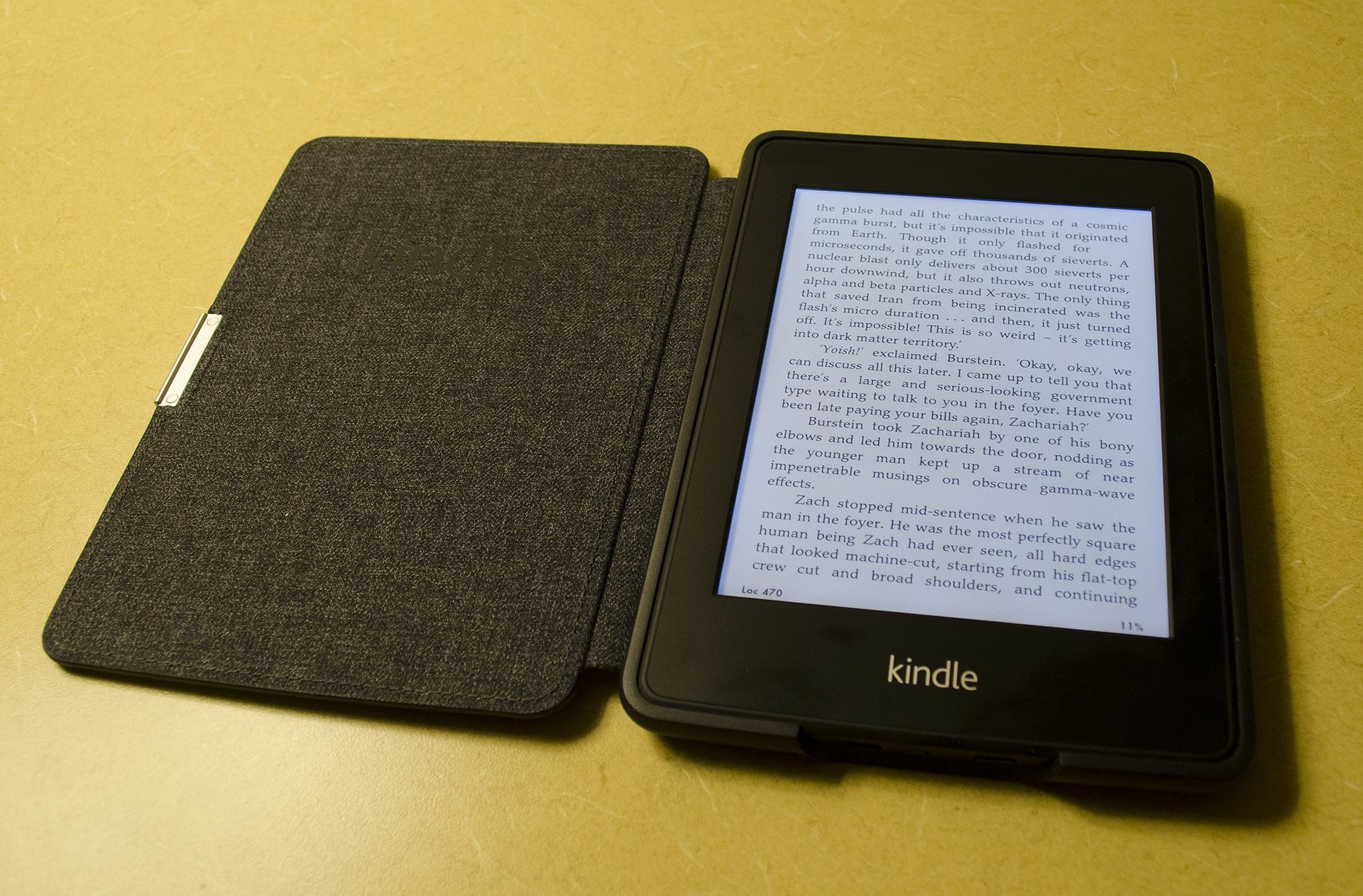 Kindle e-reader open with a book