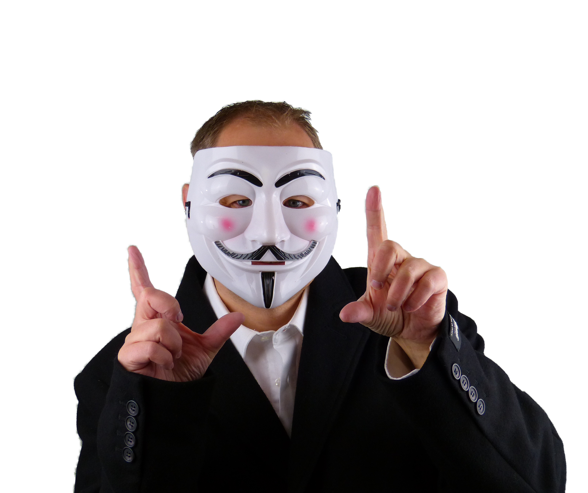 Man in a Guy Fawkes mask pointing upwards with both hands