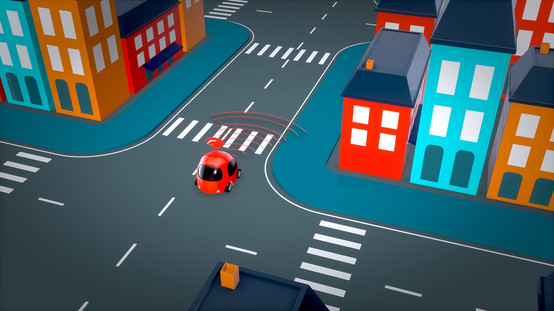 Driverless car getting a wifi signal navigating around a city