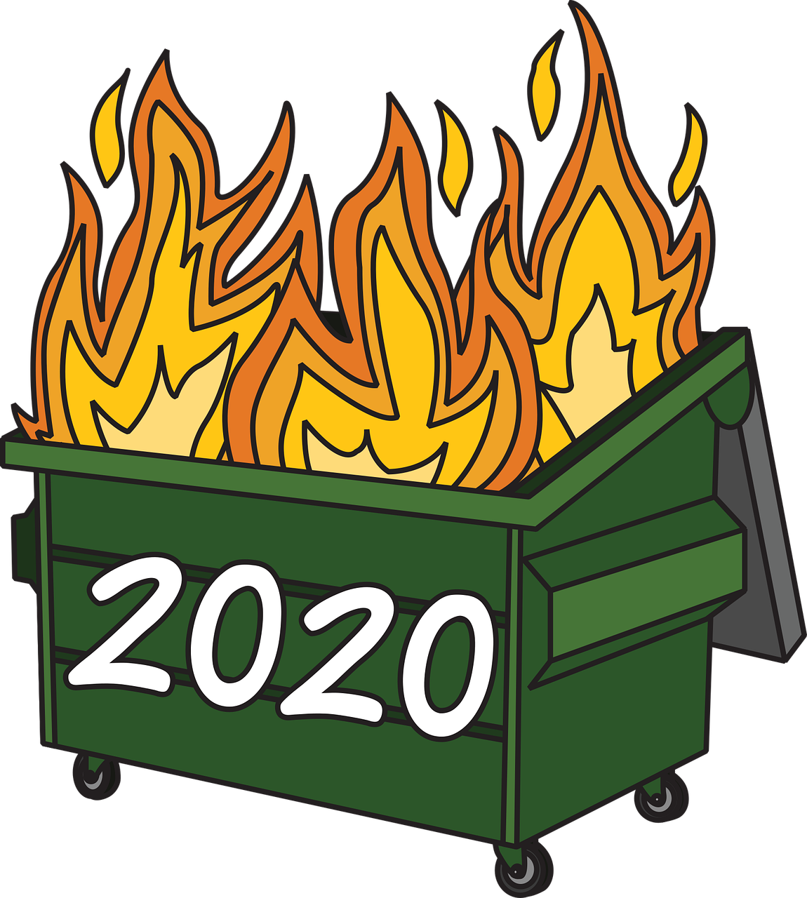 Dumpster on fire with 2020 on the outside