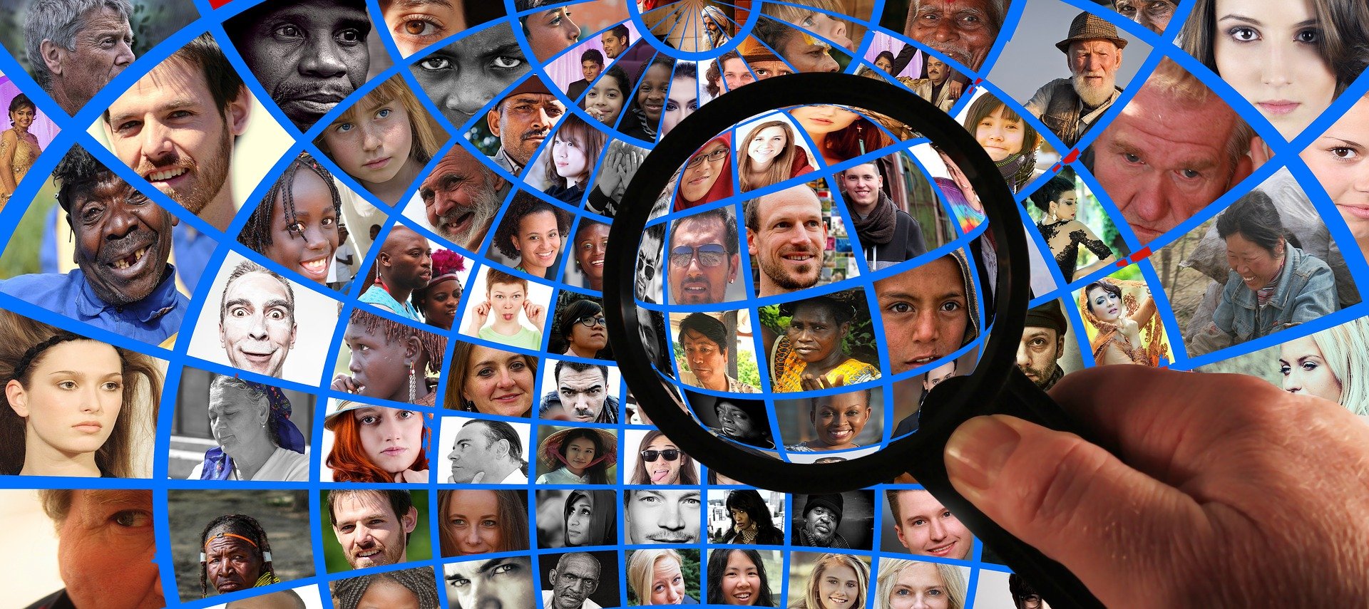 Magnifying glass hovering over a collage of many people