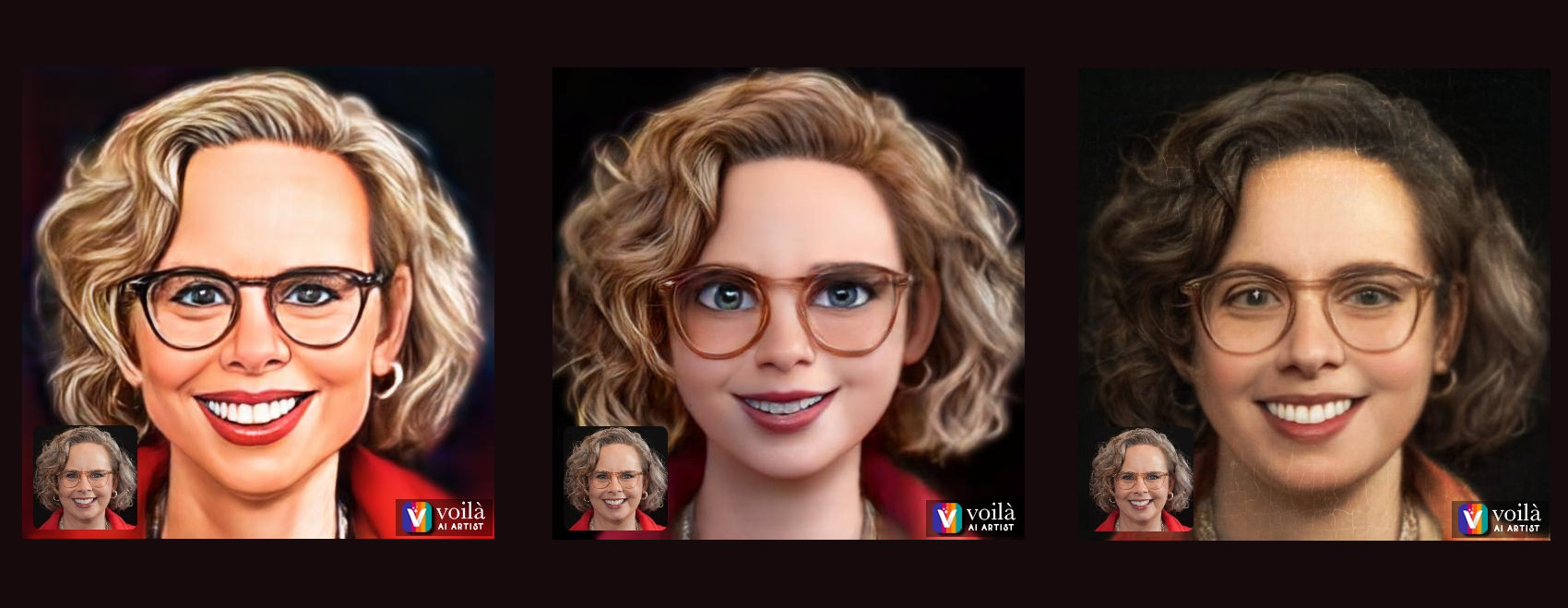 3 versions of Laura Solomon done by the Voila Ai app