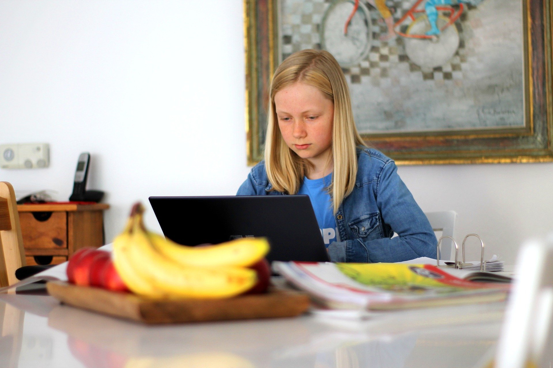 Young girl at kitchen table with open laptop