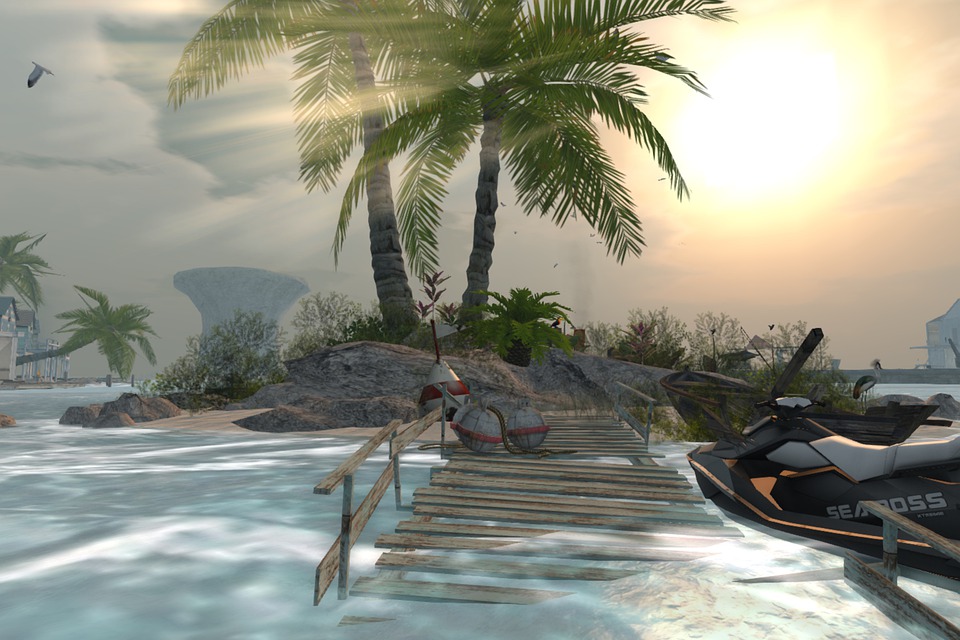 Virtual beach scene with pier and palm trees